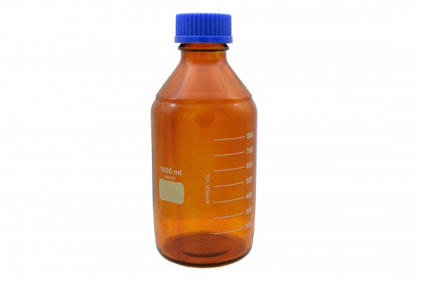 Laborflaschen mit blauer Schraubkappe, braun eingefärbt, Borosilikatglas 3.3