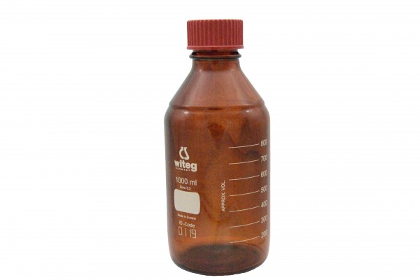 Laboratory bottles with red screw cap, amber stained, borosilicate glass 3.3, with witeg logo