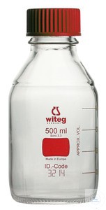 witeg Laborflaschen mit roter Schraubkappe und roter Graduierung Borosilikatglas 3.3
