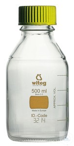 witeg Laborflaschen mit gelber Schraubkappe und gelber Graduierung Borosilikatglas 3.3